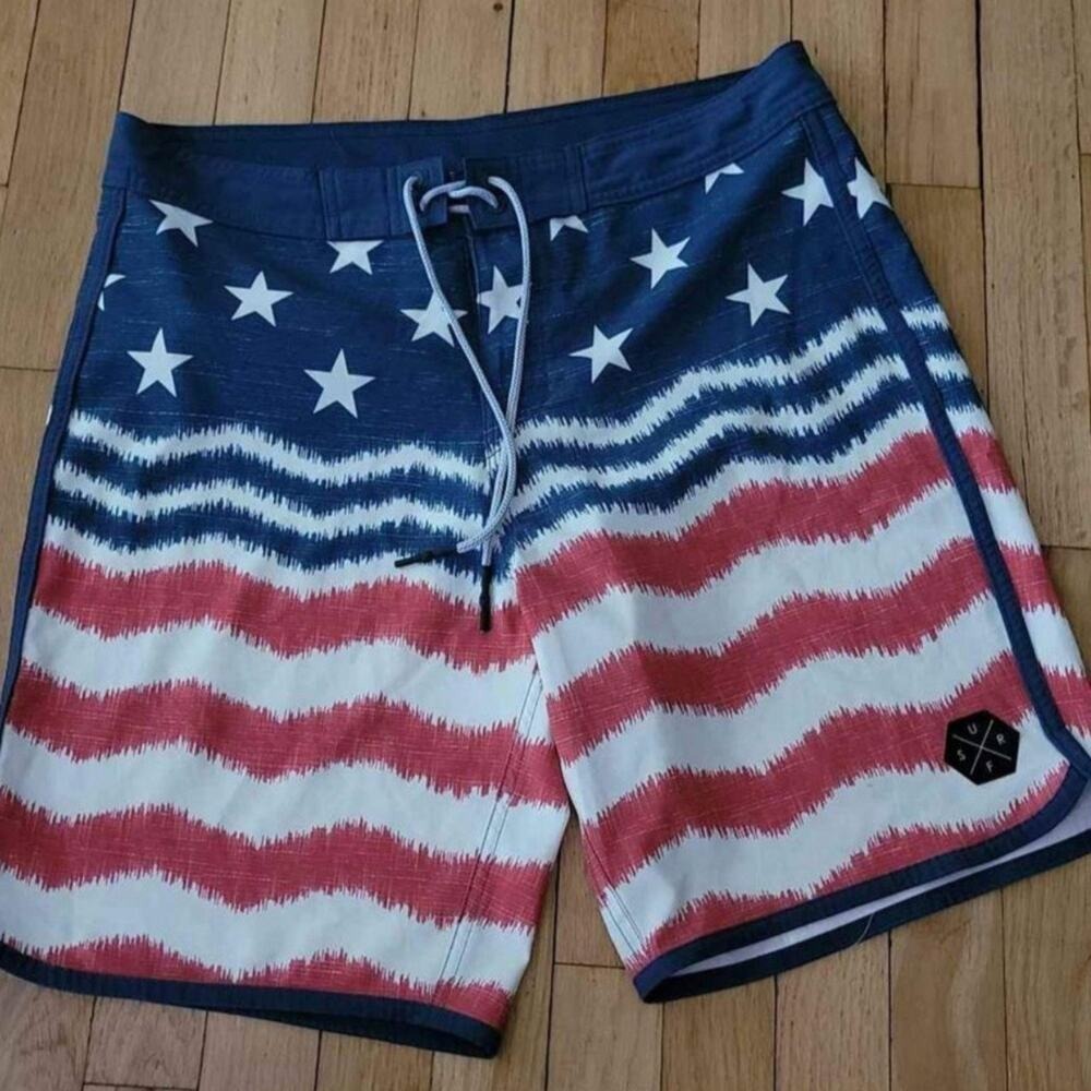 Mens American Flag Board Shorts Red White Blue Stars Stripes Swim Trunks Size 32